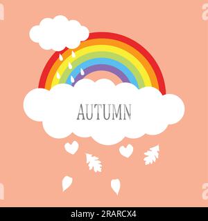 Graphic illustration of rainbow with clouds and falling leaves for autumn icon Stock Vector