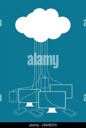 Simple graphic of cloud storage, computing, data, services concept with connected devices Stock Vector