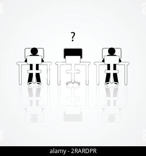Graphic illustration of two people working on the computers with one empty desk. Job vacancy, new recruitment, trainee, occupation, job search theme Stock Vector