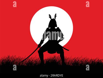 Silhouette illustration of a Samurai with graphic sun symbol as the background Stock Vector