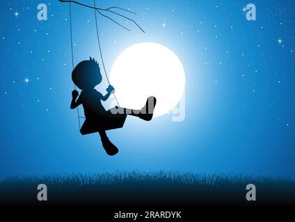 Cartoon silhouette of a boy playing on a swing during full moon Stock Vector