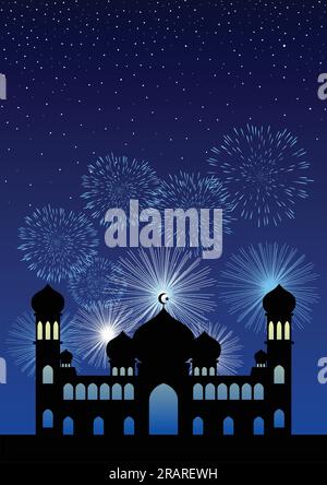 Silhouette illustration of a mosque and fireworks background, for Islamic festival celebration background Stock Vector