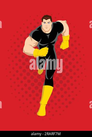 Cartoon illustration of a superhero running on comic dots or raster red background Stock Vector