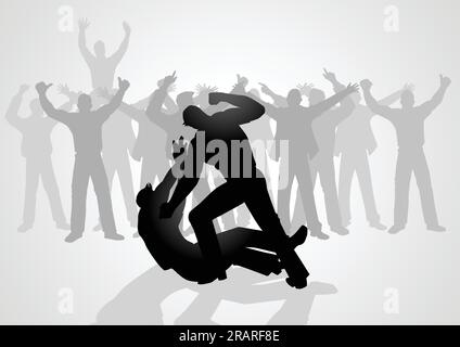 Silhouette illustration of men fighting being watch by crowd of people Stock Vector