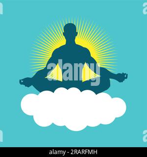 Silhouette of a man figure meditating with light burst as the background Stock Vector