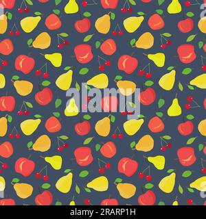 Fruit seamless pattern. Vector fruit mix background. Seamless texture for fashion textile. Cartoon style apples, pears and cherries. Stock Vector