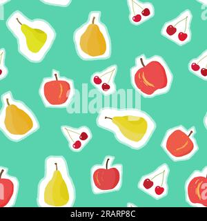 Cute fruit vector pattern. Seamless fruit texture. Colorful fruits on turquoise background. Stock Vector