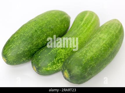 Fresh green and healthy cucumbers on wooden board Stock Photo