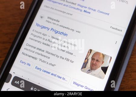 Search result of Yevgeny Prigozhin on Google website seen in an iPhone screen. Yevgeny Viktorovich Prigozhin is a Russian oligarch, mercenary leader Stock Photo