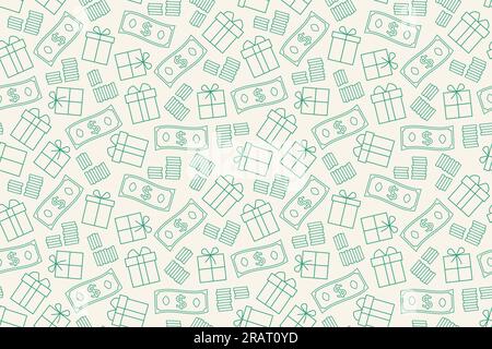 seamless pattern with gifts, dollar banknotes and coins; bonus, present, sale concept- vector illustration Stock Vector