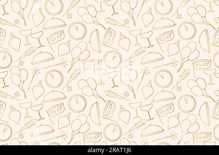 New Year Eve golden seamless pattern with champagne glasses, fireworks, sparklers, clock, christmas ball, balloons and carnival mask- vector illustrat Stock Vector