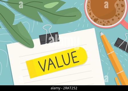 value word written on sticky note, top view composition with coffee cup, pen, office clips and green houseplant - vector illustration Stock Vector