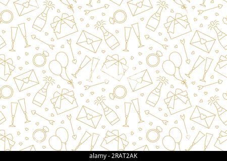 seamless love, Valentine's Day golden pattern with love letter, diamond ring, arrow, gift, balloons, champagne glasses and bottle icons- vector illust Stock Vector