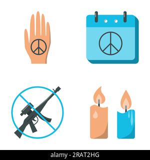 Pacifism and peace symbols flat icon set. Disarmament, day of peace, memorial candles. Vector illustration. Stock Vector
