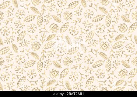 golden seamless winter, christmas pattern with snowflakes, cones and floral twigs -vector illustration Stock Vector