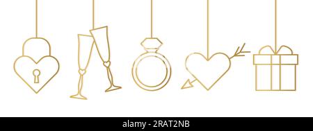 hanging love, Valentine's Day golden decorations: heart padlock, champagne glasses, diamond ring, cupid's heart and gift- vector illustration Stock Vector