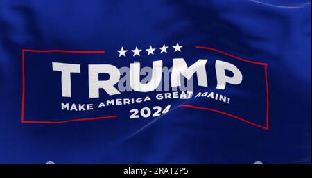 Arlington, US, march 21 2023: Close-up of Donald Trump election campaign flag waving. 2024 US presidential elections. Illustrative editorial 3d illust Stock Photo