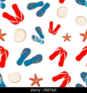 Vector seamless pattern on the theme of the beach, flip flops, shells, and starfish. Summer motifs on a white and transparent background. For textiles Stock Vector