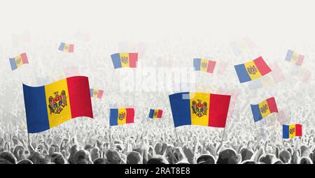 Abstract crowd with flag of Moldova. Peoples protest, revolution, strike and demonstration with flag of Moldova. Vector illustration. Stock Vector