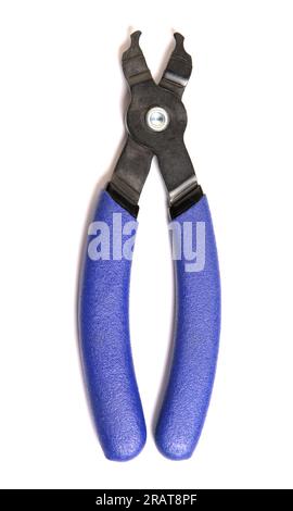 chain tool for bike maintenance (master link pliers to connect bicycle chains) blue, black metal isolated on white background, cut out (cycling, bikin Stock Photo