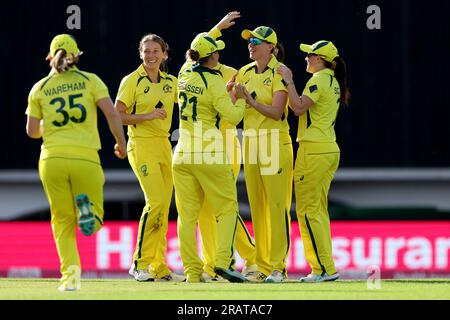 Australia’s Tahila McGrath celebrates with teammates after taking the wicket of England's Sophia Dunkley (not pictured) in batting action during the second Vitality IT20 match at The Kia Oval, London. Picture date: Wednesday July 7, 2023. Stock Photo