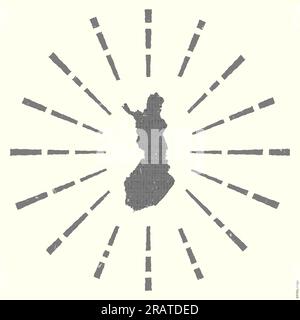 Finland Logo. Grunge sunburst poster with map of the country. Shape of Finland filled with hex digits with sunburst rays around. Stock Vector