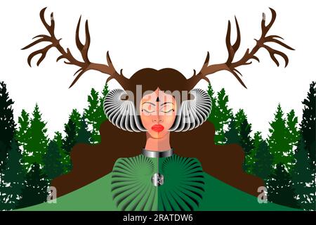 Celtic Woodland Goddess. Portrait of the beautiful woman in a horned headdress. Pagan goddess with closed eyes, mythical character. Nordic priestess Stock Vector