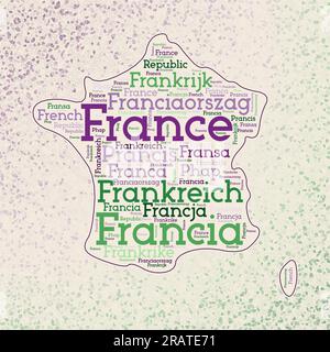 France shape whith country names word cloud in multiple languages. France border map on cool triangles scattered around. Radiant vector illustration. Stock Vector
