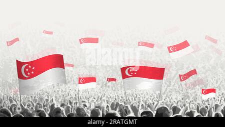 Abstract crowd with flag of Singapore. Peoples protest, revolution, strike and demonstration with flag of Singapore. Vector illustration. Stock Vector