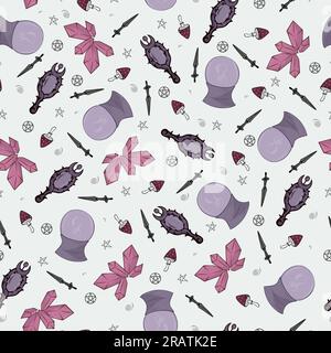 Seamless pattern with magic ball, crystal, magic mirror, mushrooms and knife on a light background Stock Vector