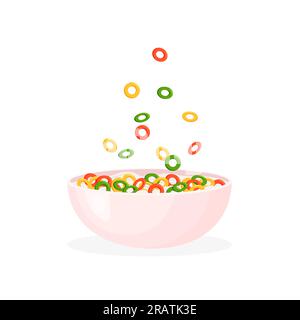 Colorful cereal milk breakfast. Rolled oats or crunchy cornflakes ara falling in a bowl. Sweet food for kids. Vector illustration in trendy flat style Stock Vector