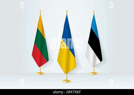 Meeting concept between Ukraine, Lithuania and Estonia. Flags on a flag stand. Stock Vector
