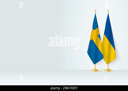 Flags of Sweden and Ukraine on flag stand, meeting between two countries. Vector template. Stock Vector