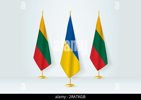 Meeting concept between Ukraine and Lithuania. Flags on a flag stand. Stock Vector