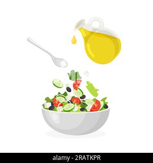 Vector greek salad recipe. Fresh vegetables, pinch of salt and drop of olive oil are falling in a bowl. Stock Vector