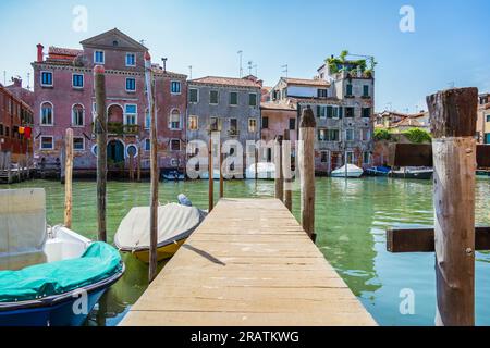 Boatyard with many boats on the water in Venice, Italy. Stock Photo