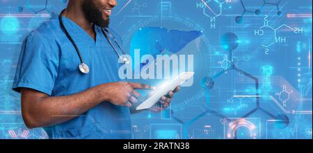 Cropped black man doctor using digital tablet, checking patient anamnesis Stock Photo