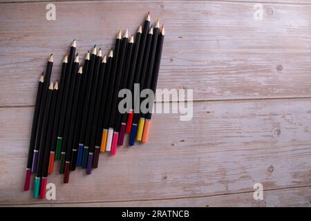 photo many colored pencils on the table top view Stock Photo