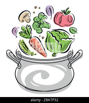 Cooking saucepan or kitchen pot. Kitchenware with and vegetables flying. Vector illustration Stock Vector
