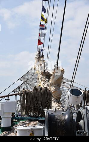 Den Helder, Netherlands. July 2, 2023. The rigging of old sailing ships. High quality photo Stock Photo