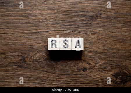 RSA - Rivest Shamir Adleman cryptosystem,word concept on building blocks, text, letters Stock Photo