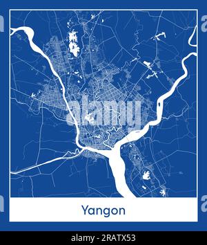 Yangon Myanmar Asia City map blue print vector illustration Stock Vector