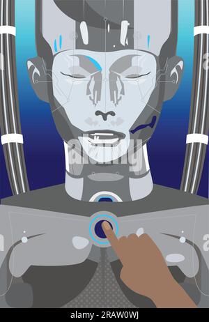 Person Interacting with AI Robot Technology, Pressing The Start or Off Button Stock Vector