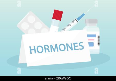 hormones written on the plate and tablets, blood sample, syringe and medical bottle - vector illustration Stock Vector