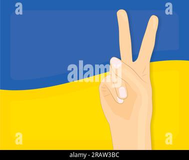 hand showing victory sign and wavy Ukraine flag- vector illustration- vector illustration Stock Vector