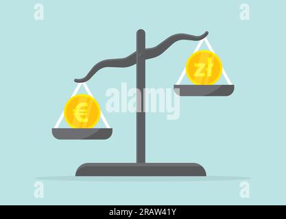 euro and polish zloty coins on scales, exchange rate concept- vector illustration Stock Vector