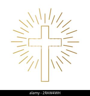 golden christian cross with sunburst - vector illustration Stock Vector