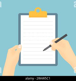 hands holding clipboard and pen, check list, plan concept - vector illustration Stock Vector