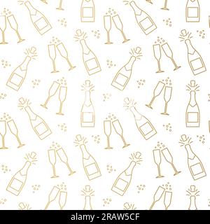 seamless golden pattern of champagne bottle explosion, cheers, New Year Eve, anniversary, wedding - vector illustration Stock Vector