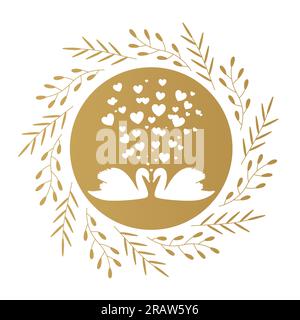 golden Wedding invitation design template with swans and hearts -vector illustration Stock Vector